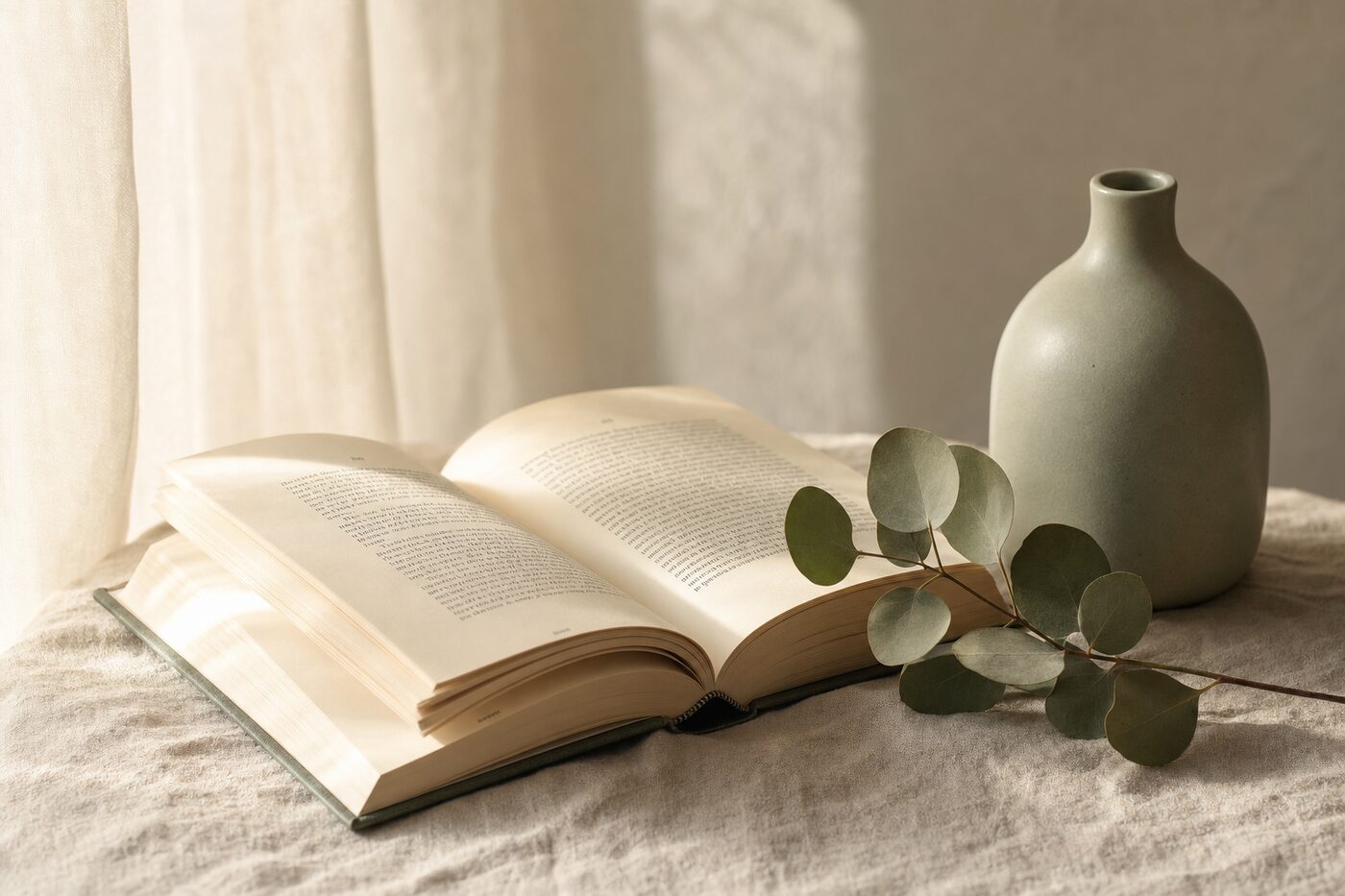 Открытая книга, ветка эвкалипта и керамический сосуд — атмосфера тихого, вдумчивого перехода